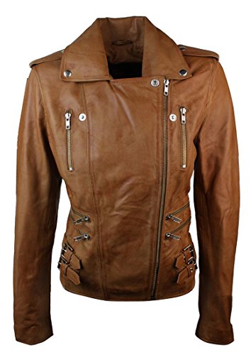 Infinity 7113 Chaqueta Ajustada de Cuero para Mujer Retro Estilo Biker - Marron, X-Small