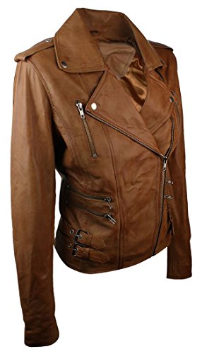 Infinity 7113 Chaqueta Ajustada de Cuero para Mujer Retro Estilo Biker - Marron, X-Small