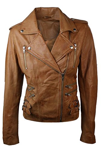 Infinity 7113 Chaqueta Ajustada de Cuero para Mujer Retro Estilo Biker - Marron, X-Small