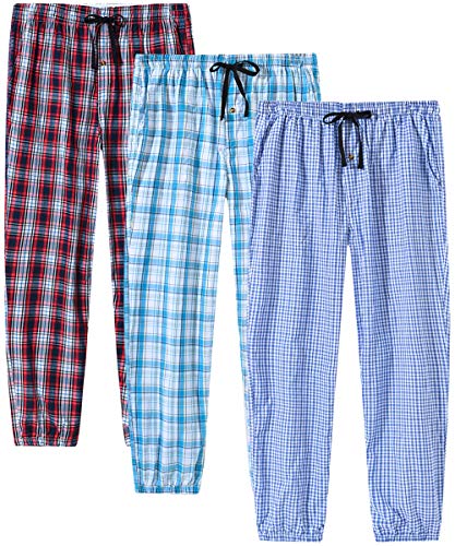 JINSHI Pantalones Pijamas Largos Algodón a Cuadros Hombre Casual Pantalones de Casa con Bolsillos 3 Pack Talla S