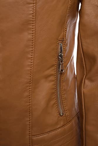 Jophy & Co - Chaqueta corta - Confeccionada en piel ecológica - Chaqueta de mujer con bolsillos, cremalleras y cuello mao - Modelo n. 8820 camel S