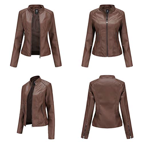 Kaiyei Chaquetas de PU Cuero Sintetico Mujer Slim Fit Fina Cuello Alto Primavera Otoño Manga Larga Elegante Jacket Cortas Cazadora Biker con Cremalleras Marrón L