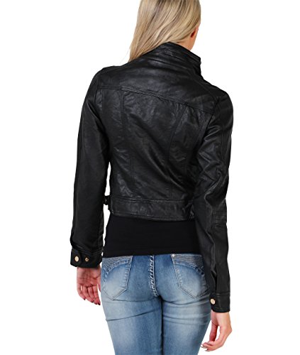 KRISP Chaqueta Mujer Biker Tacto Cuero Moda Barata, Negro, M, 5027-BLK-M