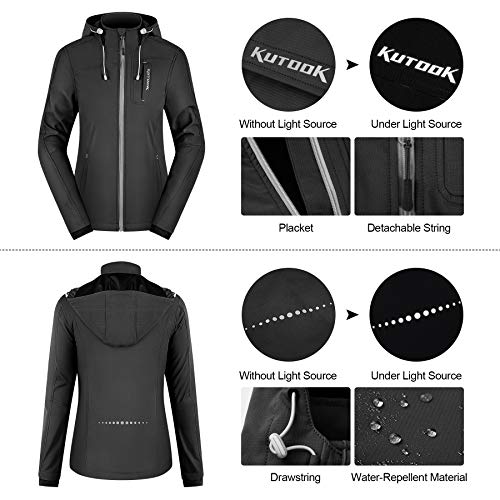 KUTOOK Chaqueta Softshell Mujer Invierno para SenderismoTrekking Montaña Escalada Esquí Roap Impermeable Cortavientos con Capucha Extraíble y Múltiples Bolsillos(Negro,XL)