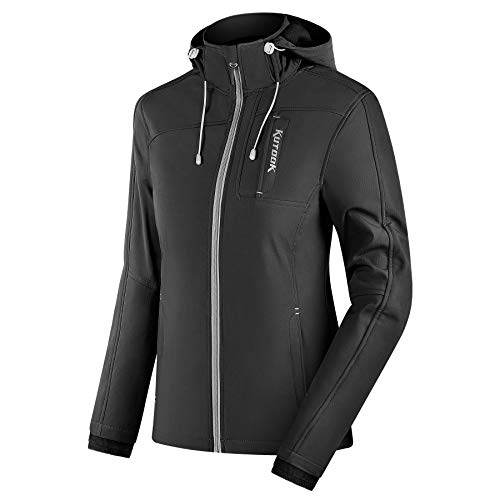 KUTOOK Chaqueta Softshell Mujer Invierno para SenderismoTrekking Montaña Escalada Esquí Roap Impermeable Cortavientos con Capucha Extraíble y Múltiples Bolsillos(Negro,XL)