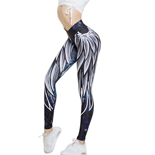 Leggings Deporte Mujer Sexy 2018,Mallas Yoga Mujer Leggins Polainas de Fitness de Cintura Alta Pantalones Yoga de impresión de alas de Mujer Fitness Pantalones Push up niña (Azul, S)