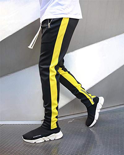 LIMILI Pantalones de chándal para hombre, color negro, para el tiempo libre, fitness, deporte, ajustados, culturismo, gimnasio, entrenamiento amarillo L