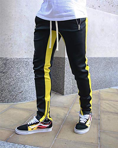 LIMILI Pantalones de chándal para hombre, color negro, para el tiempo libre, fitness, deporte, ajustados, culturismo, gimnasio, entrenamiento amarillo L