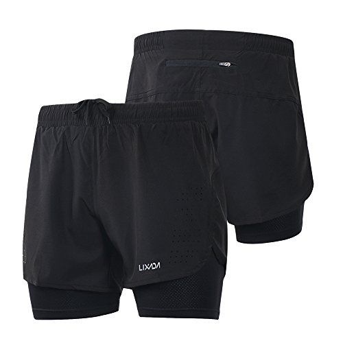 Lixada Hombres Pantalónes Cortos de Running 2-en-1, Pantalones Cortos de Atletismo, Pantalones Cortos de Fitness Maratón, Transpirable Pantalones+Secado Rápido (Negro, L)