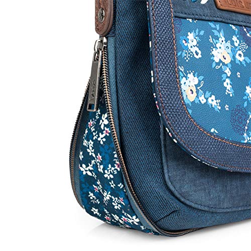 Lois - Bolso Bandolera para Mujer. Cierre con Solapa y Cremallera. Lona Denim, Estampado y Polipiel. Uso Diario. y cómodo. Marca diseño Bonito 304385, Color Azul