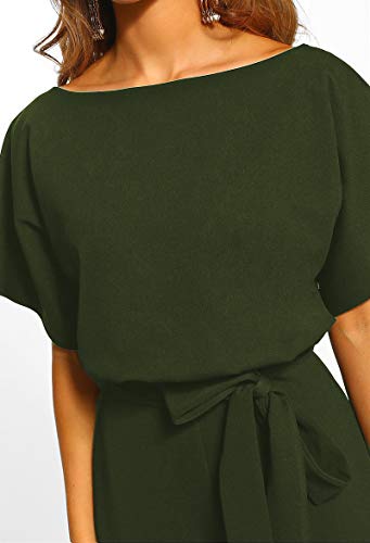 Longwu Mujeres Casual Elegante Cintura Alta Mono de Manga Corta Pantalones de Pierna Ancha Ocasionales Mamelucos Sueltos con cinturón Ejercito Verde-L