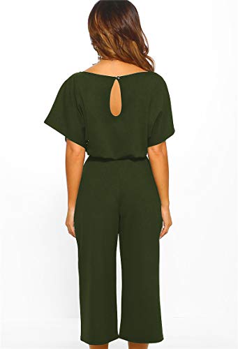 Longwu Mujeres Casual Elegante Cintura Alta Mono de Manga Corta Pantalones de Pierna Ancha Ocasionales Mamelucos Sueltos con cinturón Ejercito Verde-L