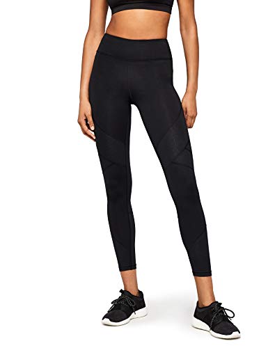 Marca Amazon - AURIQUE Leggings de Deporte con Panel con Textura Mujer, Negro (Black Black), 42, Label:L