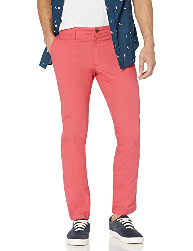 Marca Amazon - Pantalón chino de corte recto, lavado, cómodo y elástico para hombre, rojo (lavado), 28W x 32L