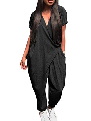 Minetom Mujer Baggy Peto de Pantalones Largos Mono Harem Anchos Talla Grande Casual Moda Bolsillos Tiras Fiesta Manga Corta Cuello en V Jumpsuit A Negro ES 38