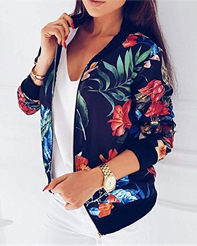 Minetom Mujer Bomber Chaqueta con Estampado Floral Casual Moda Classic Manga Larga Slim Fit de Cremallera Biker Chaqueta Baseball Jacket Coat Outwear Corta Primavera Otoño Azul ES 40