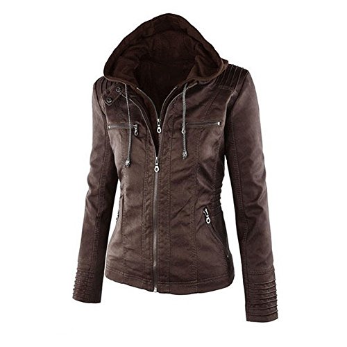 Minetom Mujer Invierno Cremallera Jackets Chaquetas Deportiva Cuero Moto Cazadoras Imitacion Piel Biker Abrigos Con Capucha Marron Oscuro ES 44