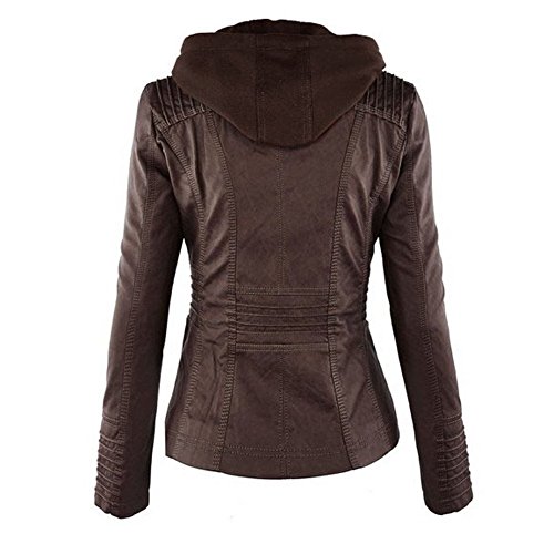 Minetom Mujer Invierno Cremallera Jackets Chaquetas Deportiva Cuero Moto Cazadoras Imitacion Piel Biker Abrigos Con Capucha Marron Oscuro ES 44