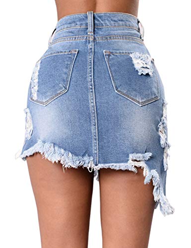 Minifalda De Mezclilla De Verano Sexy De Talle Alto Rasgada Borla Jeans para Mujer Azul Claro S