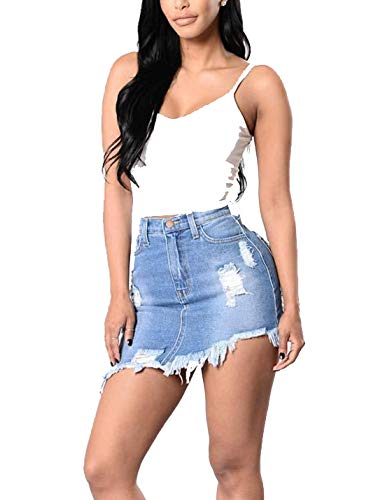 Minifalda De Mezclilla De Verano Sexy De Talle Alto Rasgada Borla Jeans para Mujer Azul Claro S