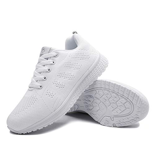 Mujer Entrenador Zapatos Gimnasio Deportes atléticos Zapatillas de Deporte Malla Informal Zapatos para Caminar Encaje Plano Blanco EU 35