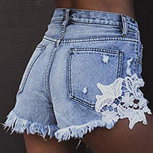 Mujeres de la Borla Pantalones Cortos de Mezclilla Encaje Sexy Flor Costura Jeans Estiramiento de Cintura Alta Corto elástico Jeans Desgastados Shorts Casual Ringered Hot Jeans Denim Shorts