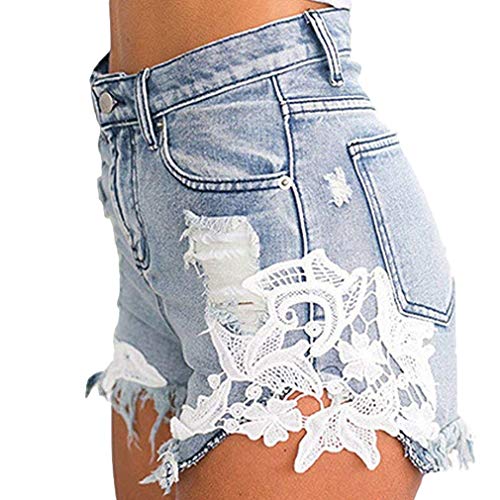 Mujeres de la Borla Pantalones Cortos de Mezclilla Encaje Sexy Flor Costura Jeans Estiramiento de Cintura Alta Corto elástico Jeans Desgastados Shorts Casual Ringered Hot Jeans Denim Shorts