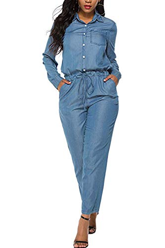 Mujeres Denim Romper Manga Larga Tobillo Pantalones Vaqueros Pantalones Monos Azul M