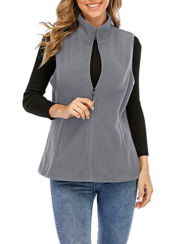 Nekosi Chaleco de forro polar para mujer con cuello alto, chaqueta exterior, cremallera y bolsillos 06-gris claro L