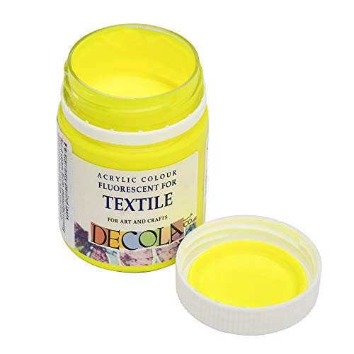 Nevskaya Palitra Pintura textil fluorescente amarilla | 50 ml de pintura para tela lavable | color neón acrílico con efecto brillante bajo luz negra (luz UV) | calidad de Decola