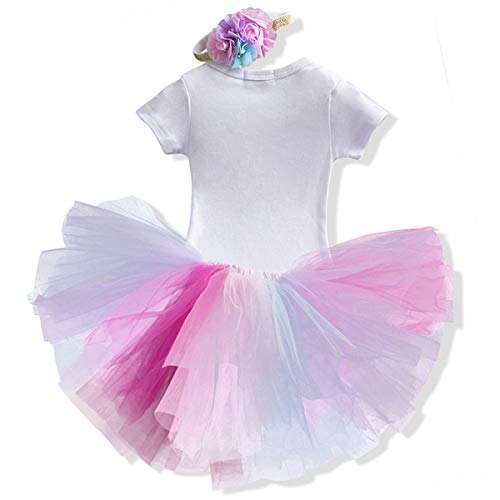 NNJXD Unicornio Arco Iris Tutú Primer Cumpleaños Trajes de 3 Piezas Mameluco + Falda + Diadema 1 Año D-Rosa