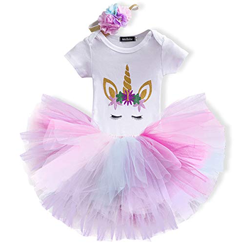 NNJXD Unicornio Arco Iris Tutú Primer Cumpleaños Trajes de 3 Piezas Mameluco + Falda + Diadema 1 Año D-Rosa