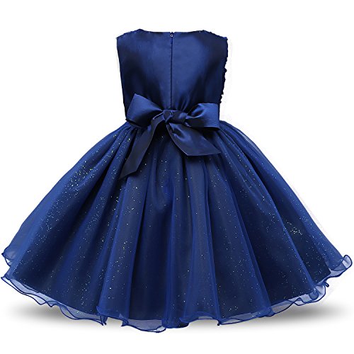 NNJXD Vestido de Fiesta de Princesa con Encaje de Flor de 3D sin Mangas para Niñas Talla(100) 18-24 Meses Azul Oscuro