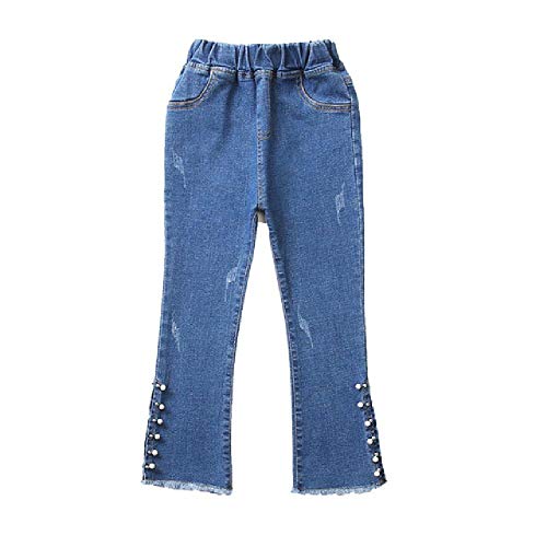 NOBRAND Pantalones Vaqueros de Hendidura para niños con Perlas para niñas Pantalones de Cintura elástica Lápiz Recto Liso Pantalones de Mezclilla Ajustados para niños