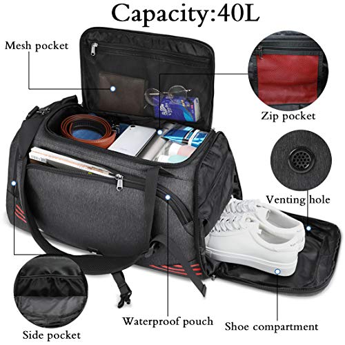 NUBILY Bolsa Deporte Hombre Bolsas Gimnasio Mujer Bolso Fin de Semana Viaje con Compartimento para Zapatos Gym Bag Impermeable Grande 40L Negro