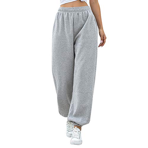 Nuofengkudu Mujer Harem Térmicos Jogging Pantalones Forro Polar con Bolsillos Elastica Cintura Alta Comodo Llanura Largos Pantalón Deportiva Jogger Pants Sweatpants Casual Ropa de Casa(Lana-Gris,XL)