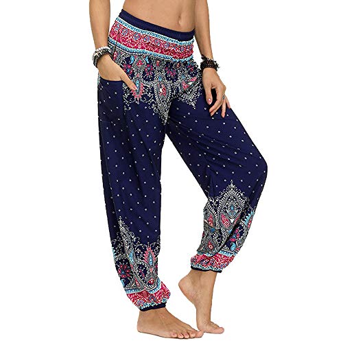 Nuofengkudu Mujer Pantalones Harem Tailandes Hippies Vintage Boho Flores Verano Alta Cintura Elastica Casual Danza Yoga Pants Bombachos(Azul Oscuro,Talla única)