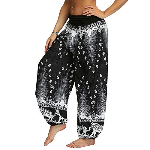 Nuofengkudu Mujeres Hippies Pantalones Largos Cintura Alta Boho Flores Impreso Suelto Yoga Pants Verano Playa Fiesta Tailandeses Harem Pantalón (Negro B,S)