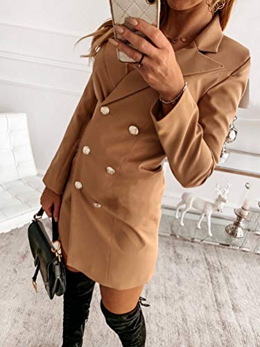 Onsoyours Vestido Largo para Mujer Estilo Militar Double-Breasted Button Mujer Blazer Manga Larga Chaqueta Mini Vestido Oficina Negocios OL Chaqueta Abrigo A Caqui 42