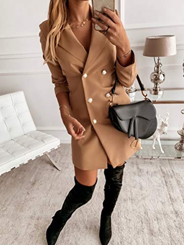 Onsoyours Vestido Largo para Mujer Estilo Militar Double-Breasted Button Mujer Blazer Manga Larga Chaqueta Mini Vestido Oficina Negocios OL Chaqueta Abrigo A Caqui 42