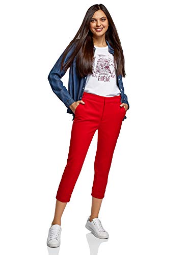 oodji Ultra Mujer Pantalones de Algodón con Dobladillos, Rojo, ES 34 / XXS