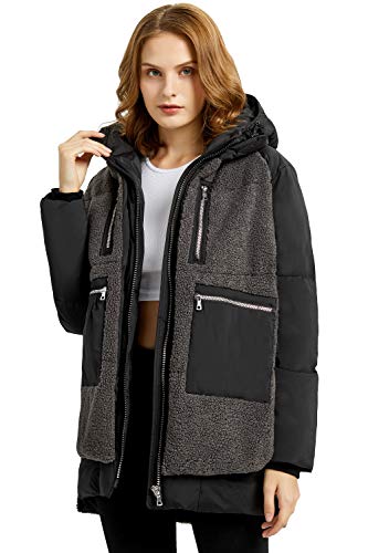 Orolay Chaqueta de Plumas Engrosada para Mujer Abrigo Acolchado Vellón Sherpa con Capucha Negro X-Large