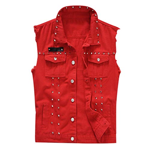 Overdose Chaqueta Jeans Chaleco Rock Chaqueta Vaquera Casual De Chaleco De Mezclilla Hombre En Blusa De Hombro Gótica Juvenil Hombre Rojo