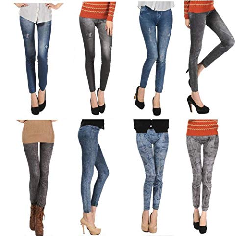 Pack de 4 Jeggins Pantalones Leggins Mujer Vestir Azul Gris (2 Skinny + 2 Broken)