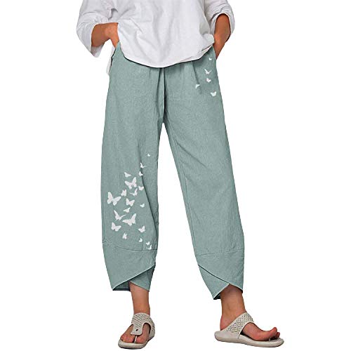 Pantalones Holgados de Pierna Ancha de Verano para Mujeres Europeas y Americanas Pantalones Casuales de algodón y Lino con Estampado de Mariposa