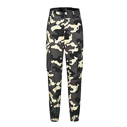 Pantalones Militares Mujer Cintura Alta Pantalon de Camuflaje de Chándal Hip Hop Punk Rock Casuales Tumblr Streetwear Sin cinturón Moda 2019 Yvelands(Caqui,L)