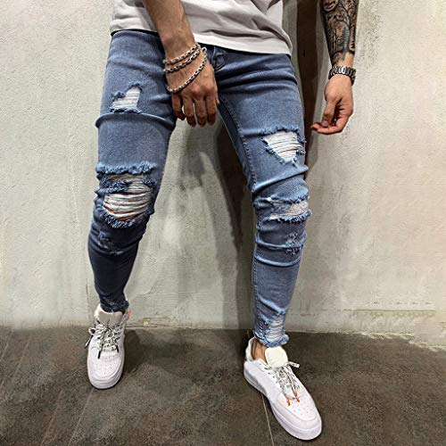 Pantalones Vaqueros Deportivos Hombres Rotos Pitillo Originales Slim Fit Skinny Pantalones Casuales Elasticos Agujero Pantalón Personalidad Slim fit Jeans con Cremallera Gusspower (S, Azul A)