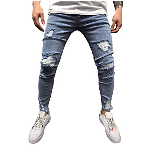 Pantalones Vaqueros Deportivos Hombres Rotos Pitillo Originales Slim Fit Skinny Pantalones Casuales Elasticos Agujero Pantalón Personalidad Slim fit Jeans con Cremallera Gusspower (S, Azul A)