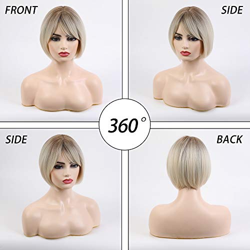 Pelucas Bob Recto-Corto con Flecos,Cosplay Pelucas Sintéticas para Todo Fiesta,Fashion Lleno Pelo de Resistente al Calor,Pelucas de Rubia Blanca,Uso Diario con Natural-Forma para Mujer Chica,12''