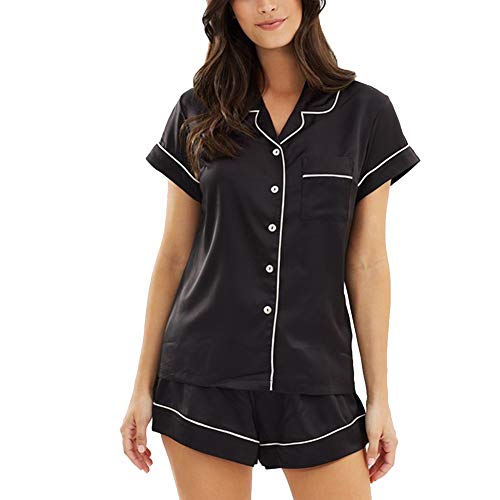 Pijamas para Mujer de Satén Conjuntos de 2 Piezas 1 Camisa con Mangas Cortas + 1 Pantalones Cortos Ropa para Dormir Mujer Entero Verano (Negro, S)